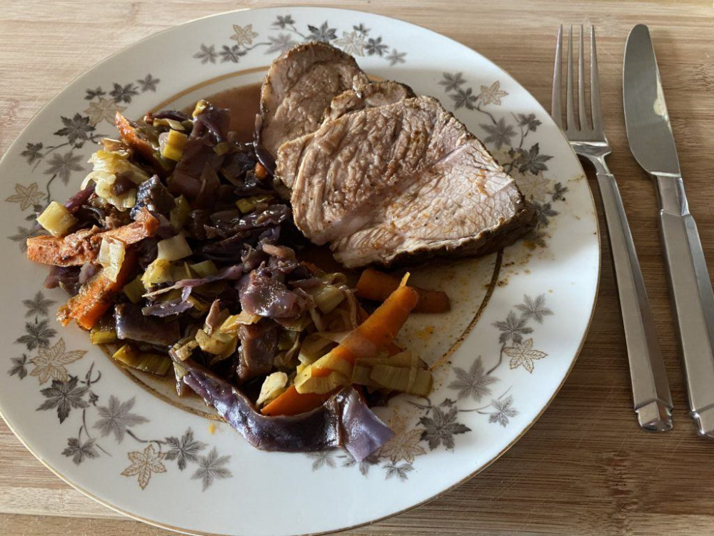 Oven Braised Pork Roast with Red Cabbage and Leek